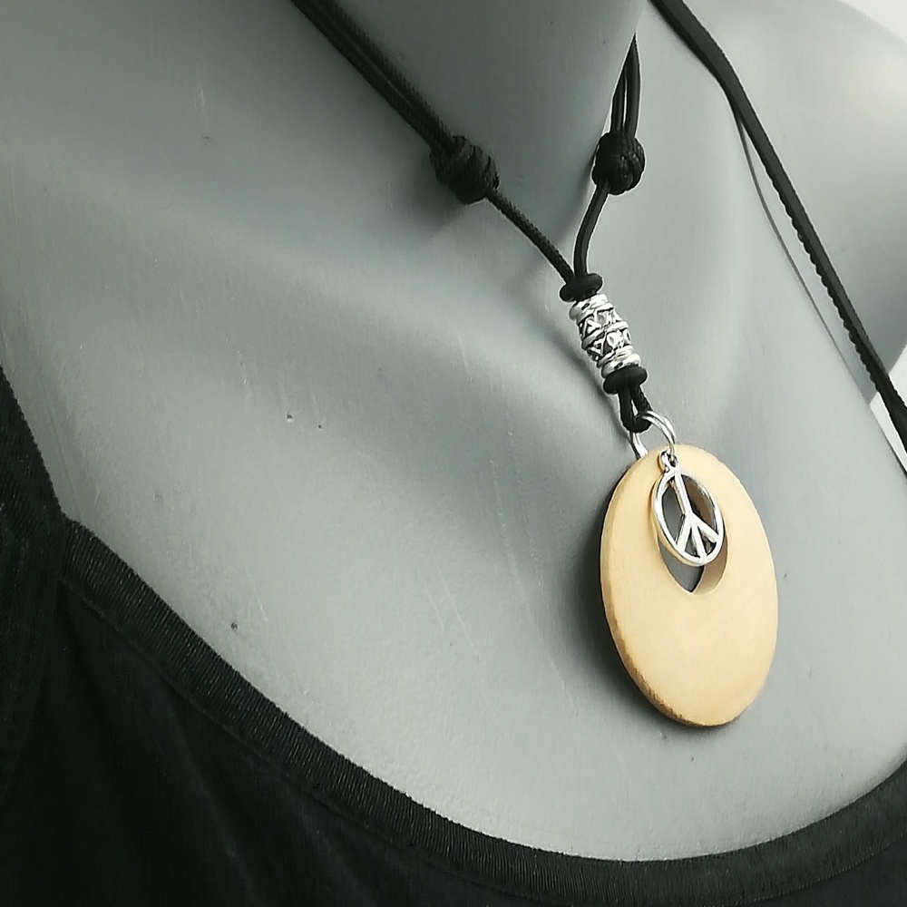 Handmade, Wooden and Silver Peace Sign Necklace - Picture 3 of 8